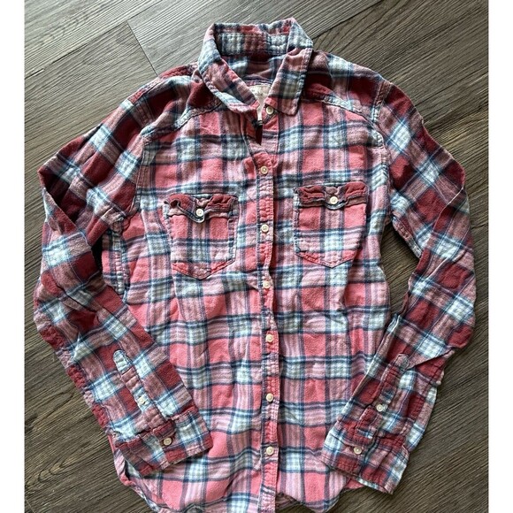 Abercrombie & Fitch Pink Plaid Flannel Shirt Women's Small Patchwork Camping - Picture 1 of 2